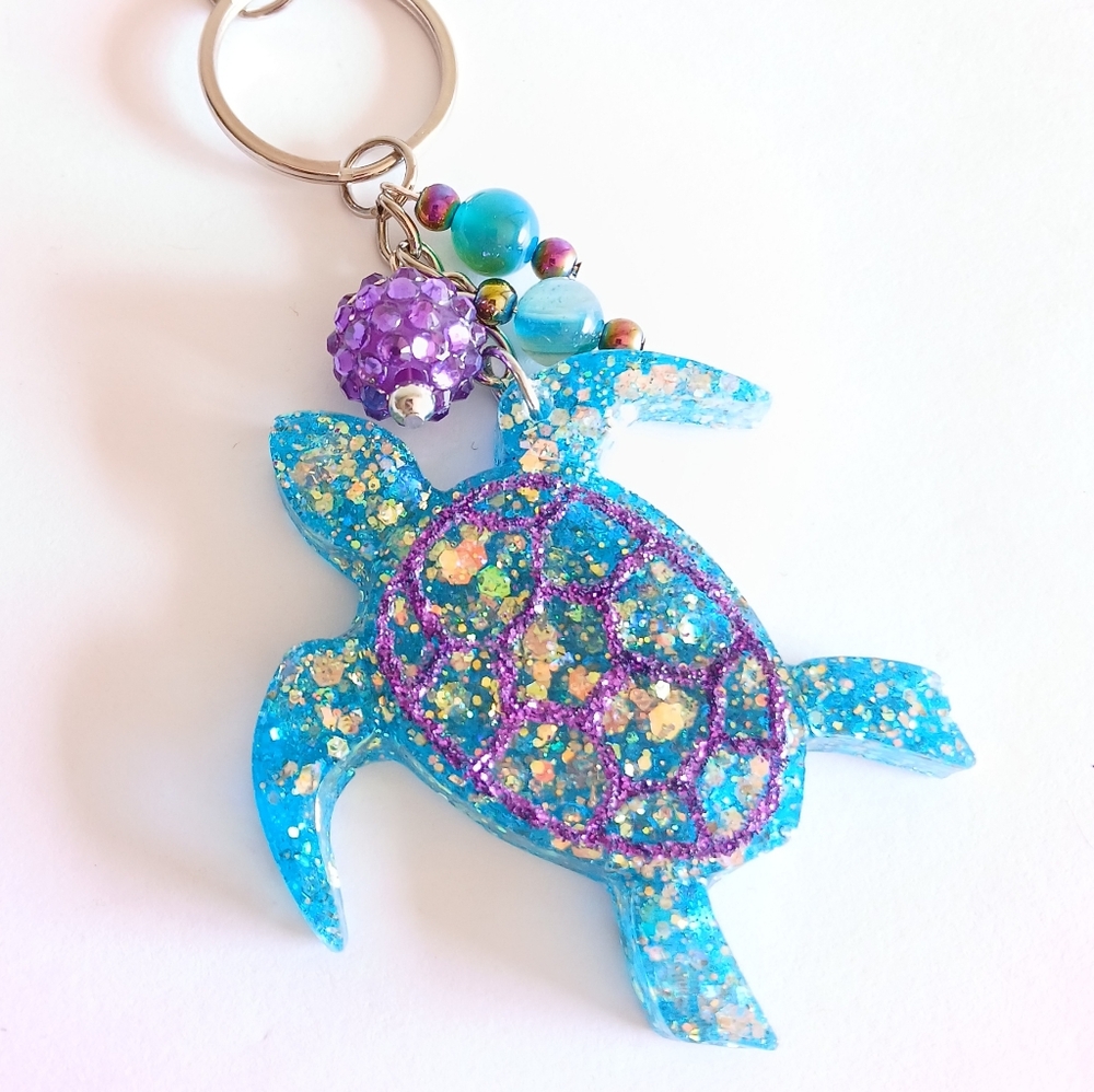 Teal blue purple glitter turtle keychain purse charm with agate beads new resin